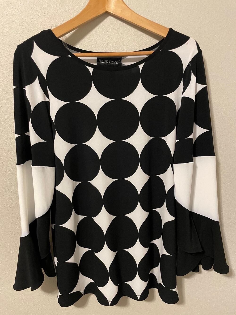 Frank Lyman Tunic Top Womens 10 Black White Polka Dot Bell Sleeve Stretch Artsy